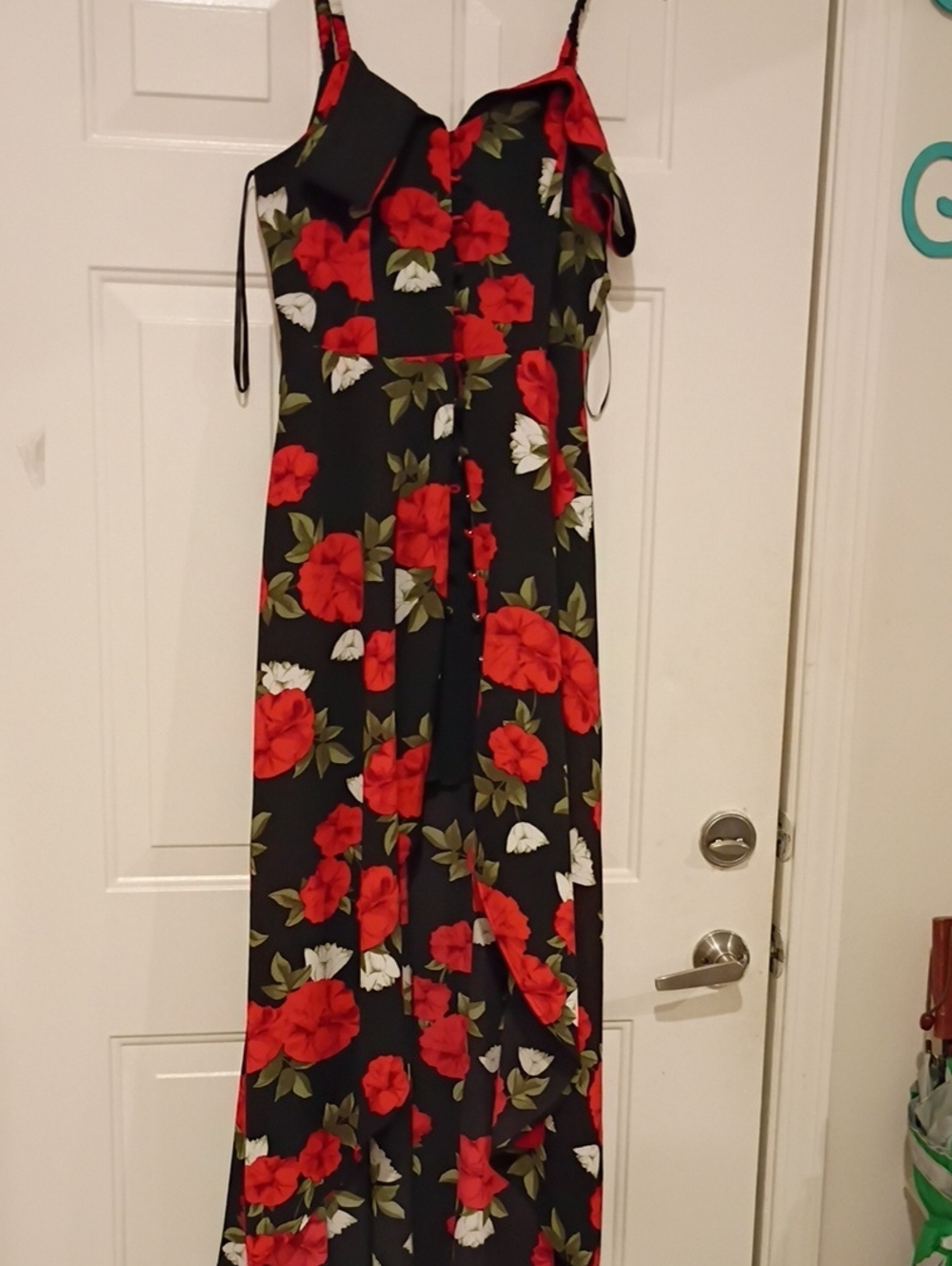 Black Floral Maxi Jumpsuit with Red & White Blooms